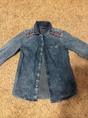 Cruel Girl Denim Button-Down Shirt with Red Embroidery